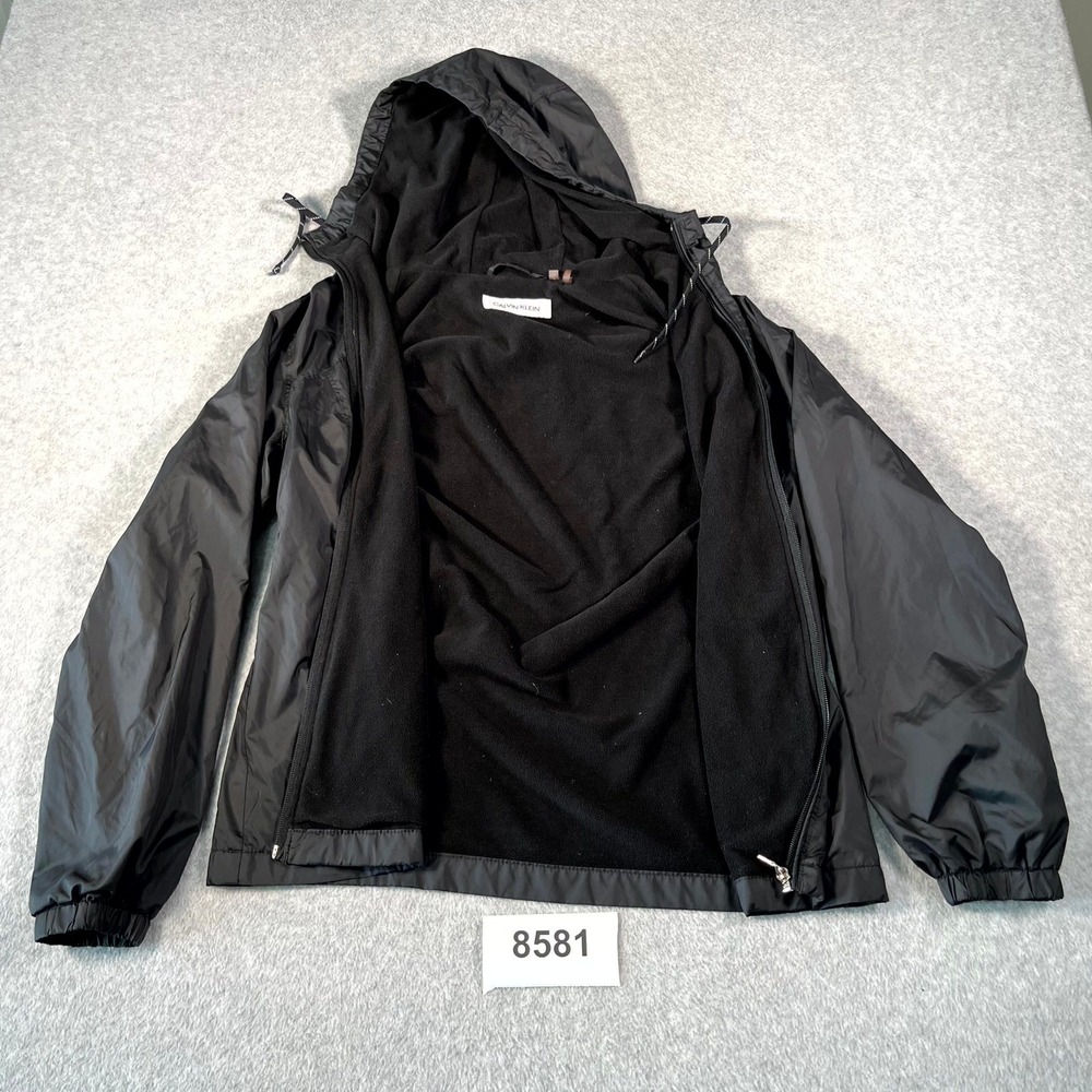 Calvin Klein Windbreaker Jacket Womens Small Black Fleece Lined Hooded Outdoor